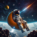 太空人坐在芒果飞船上 太空流星 月球