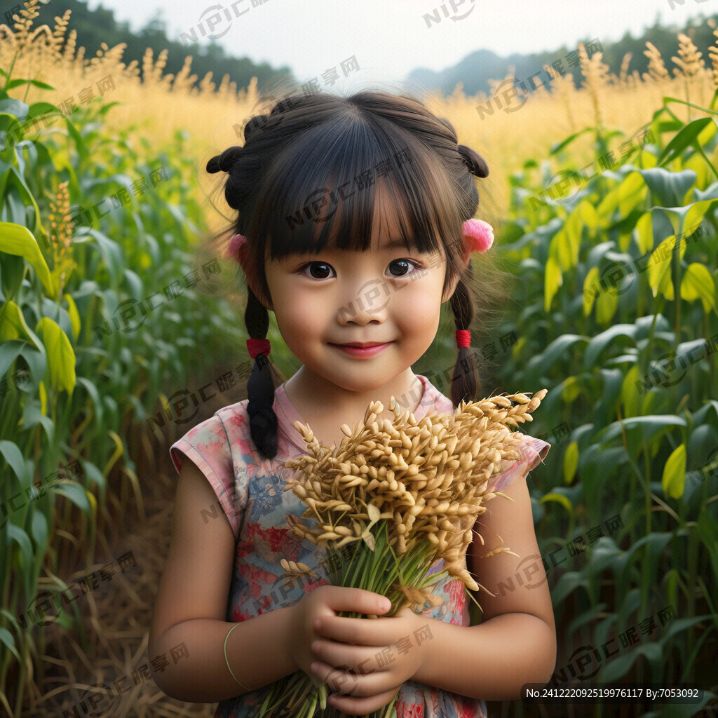 抱谷穗的小女孩