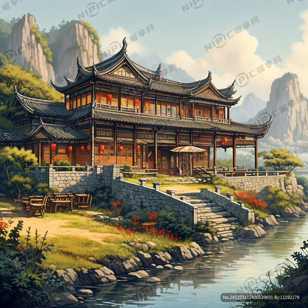 农家饭店风景画 徽派建筑