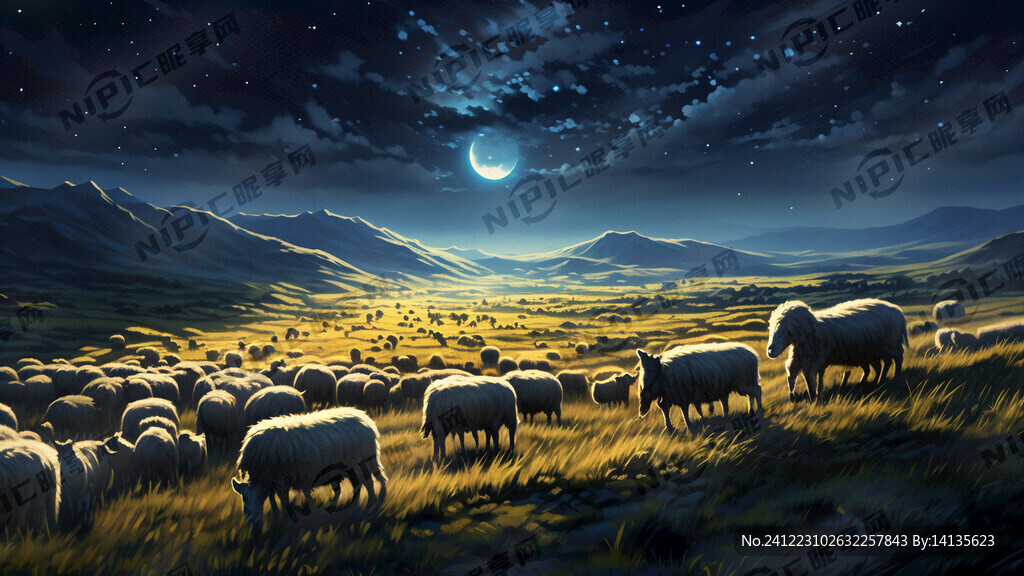 夜晚 野地  草 羊 牧羊人