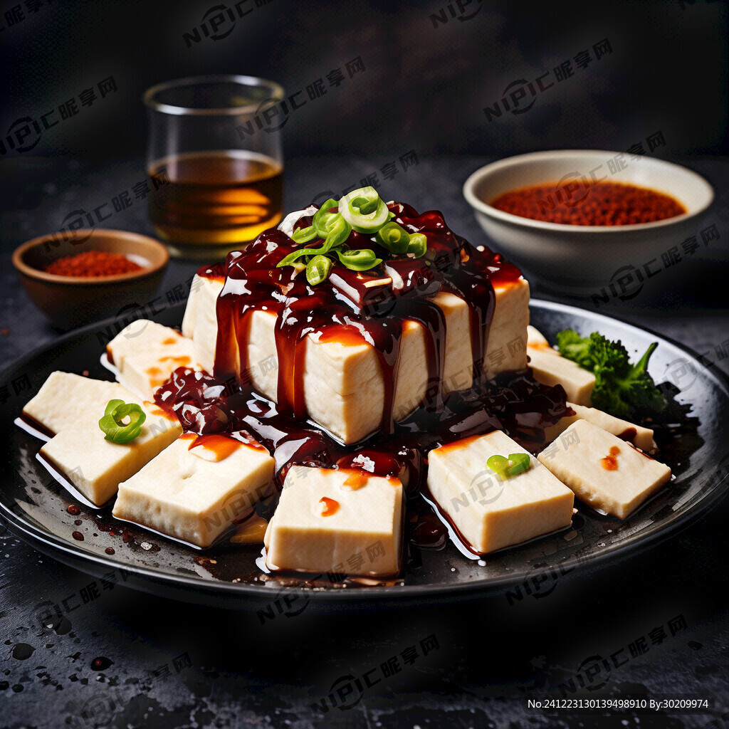 黑色盘子里的爆汁豆腐 食物摄影