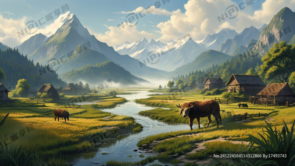 高山 森林 小桥流水 耕牛
