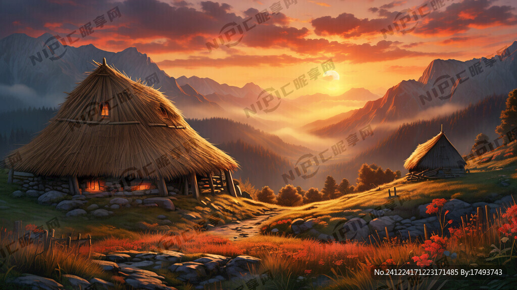 茅草屋 高山 夕阳