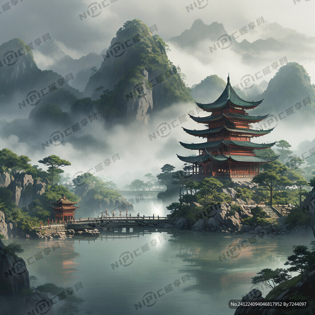 青山烟雾缭绕 绿水 亭子 