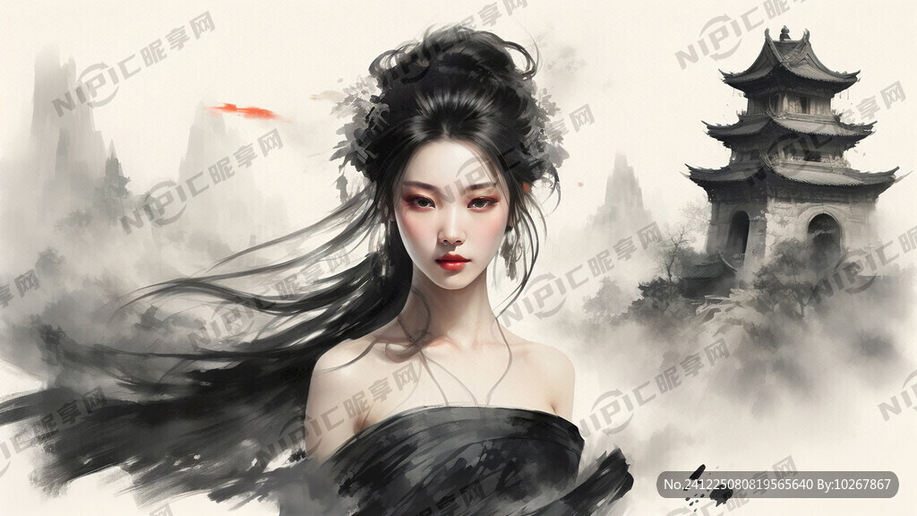 昭关石塔 美女 水墨风格 写意