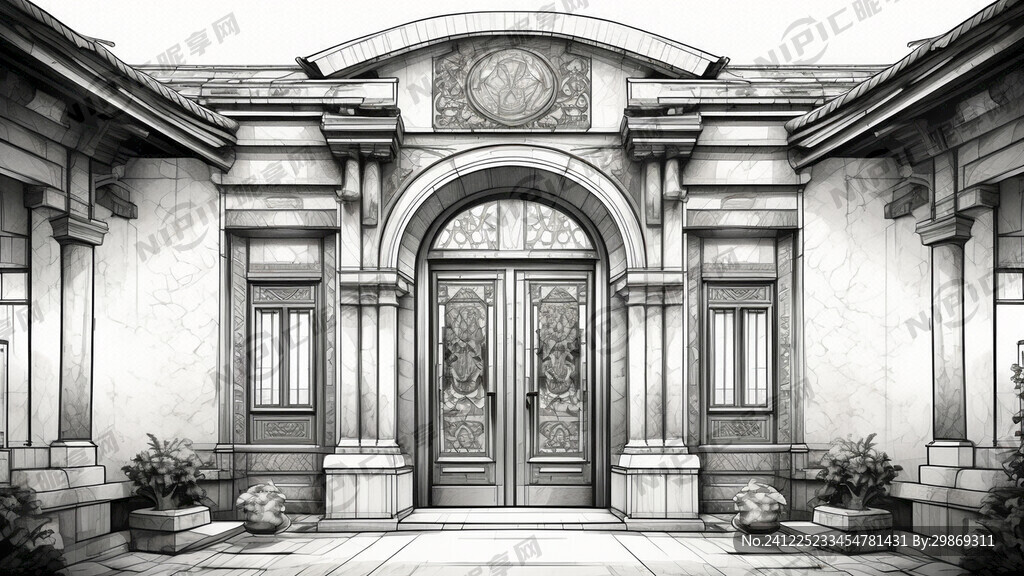 线描稿 单栋仿古建筑 圆拱门
