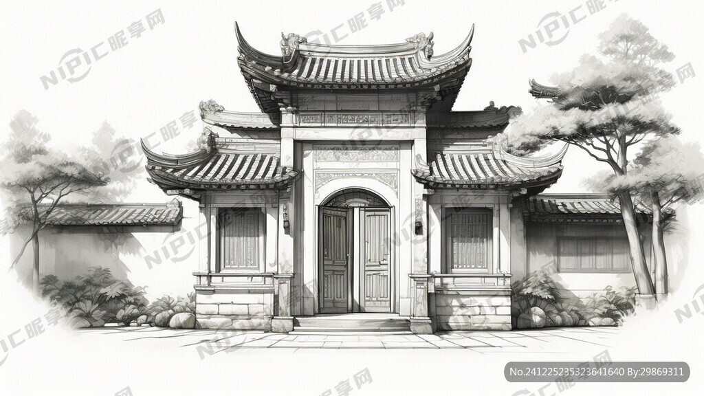 线描稿 单栋中式传统建筑