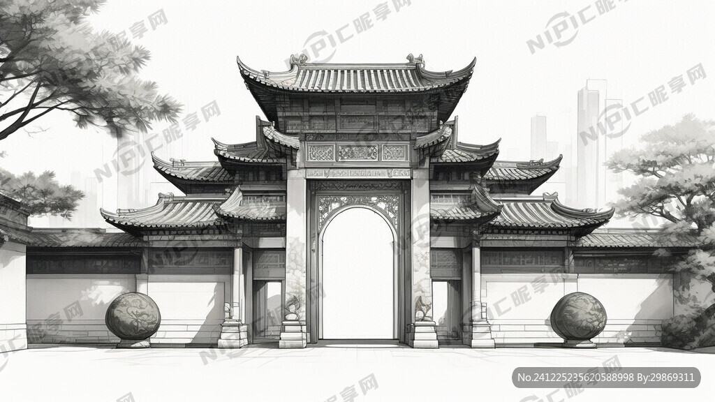 线条稿 单层中式传统建筑