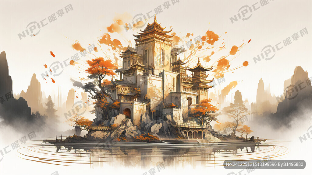 中式 建筑 山水 金色