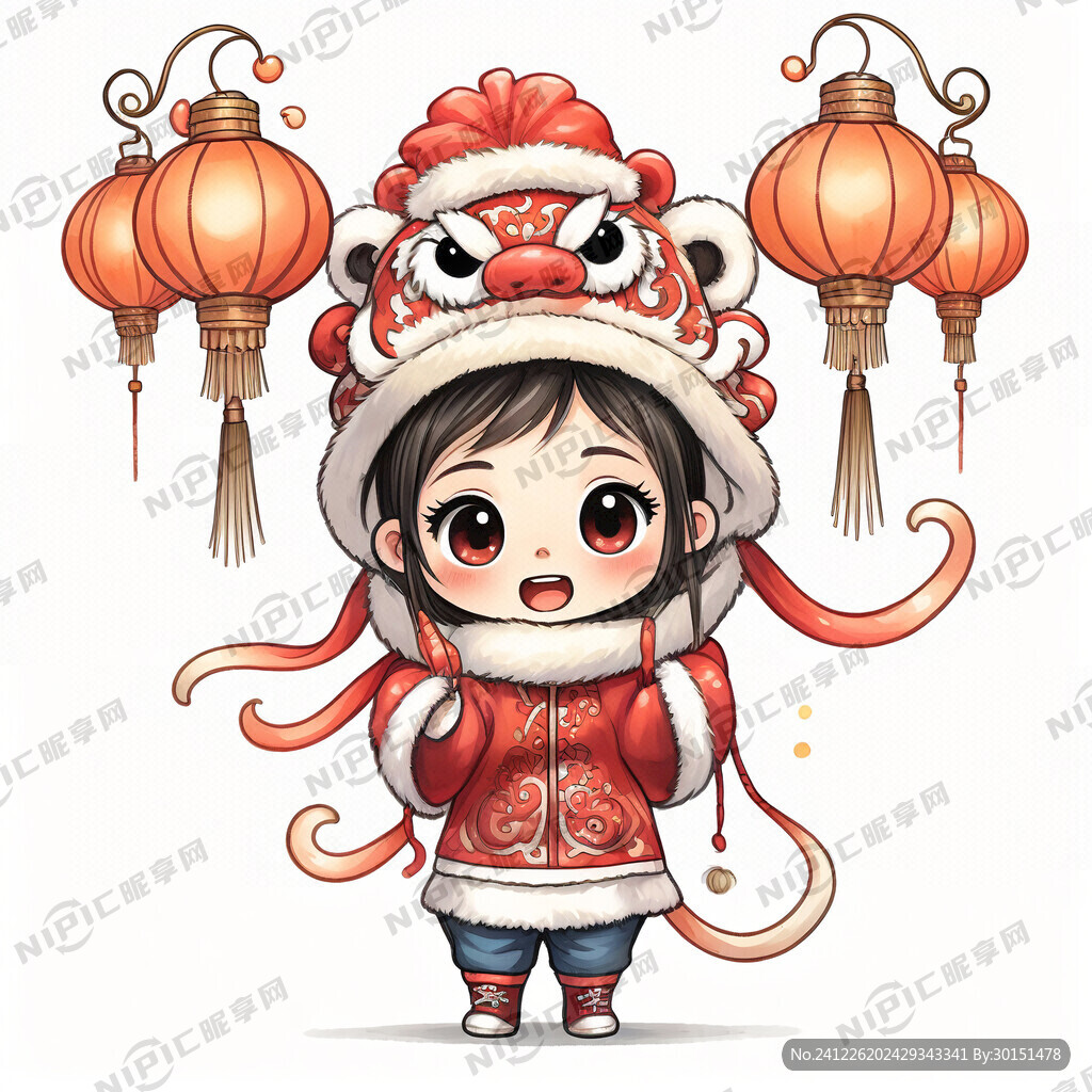 过年卡通女孩醒狮帽子手里提着灯