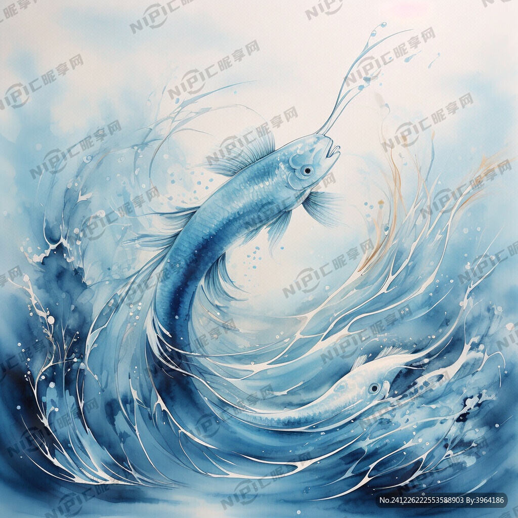 细长鱼的图案 简洁 中国画