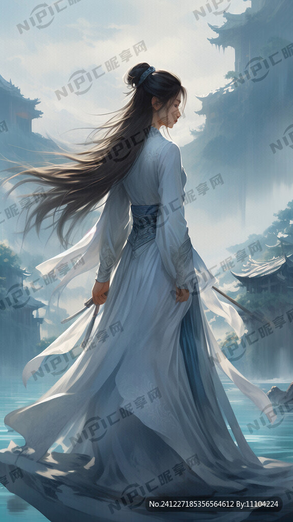 动漫风 蓝色大海为背景 白衣