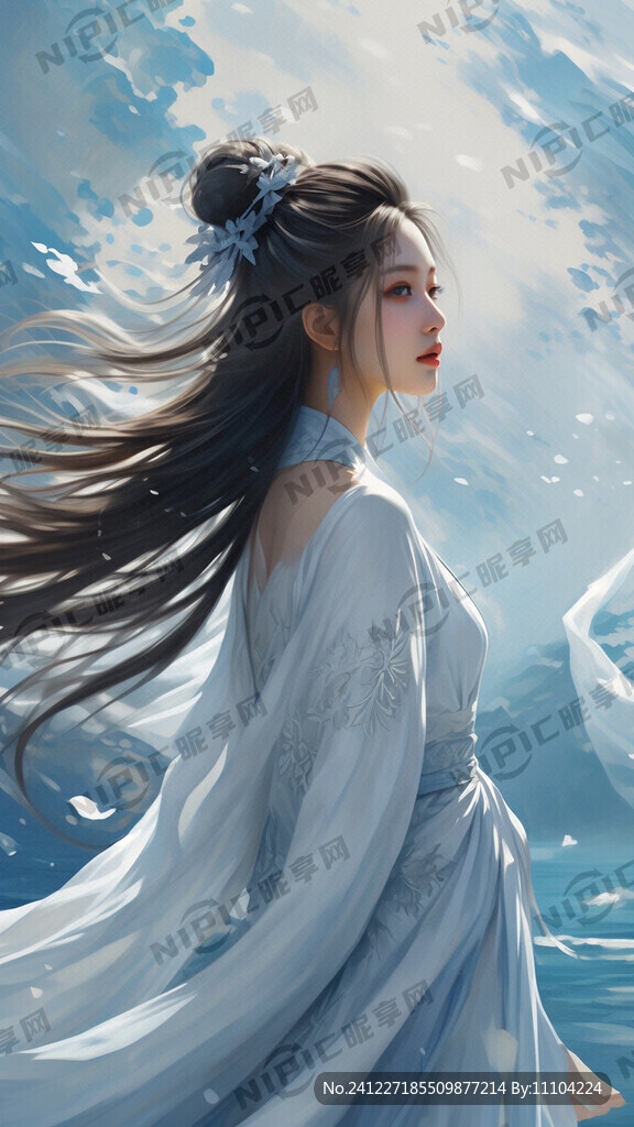 动漫风 蓝色大海 古风女子侧影