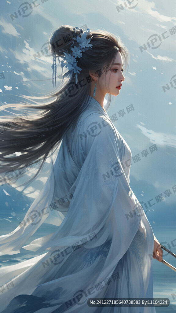 动漫风 蓝色大海 古风女子侧影
