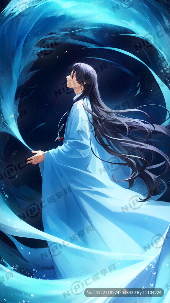 动漫风 蓝色大海 长发飘飘