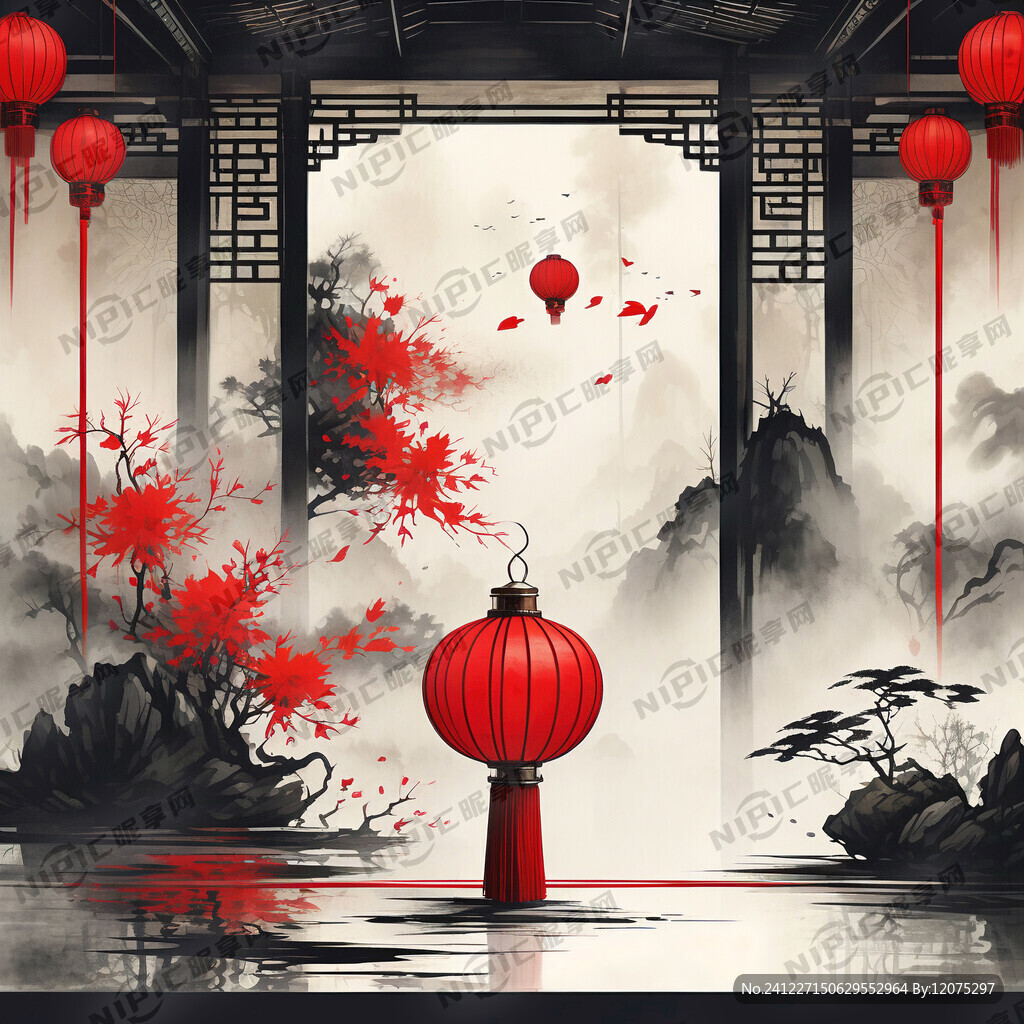 3D中国元素背景 红色灯笼