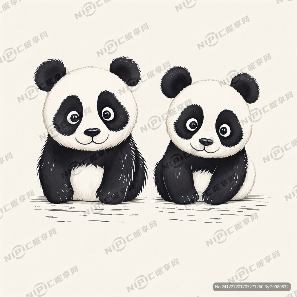 两只对称卡通熊猫简笔画