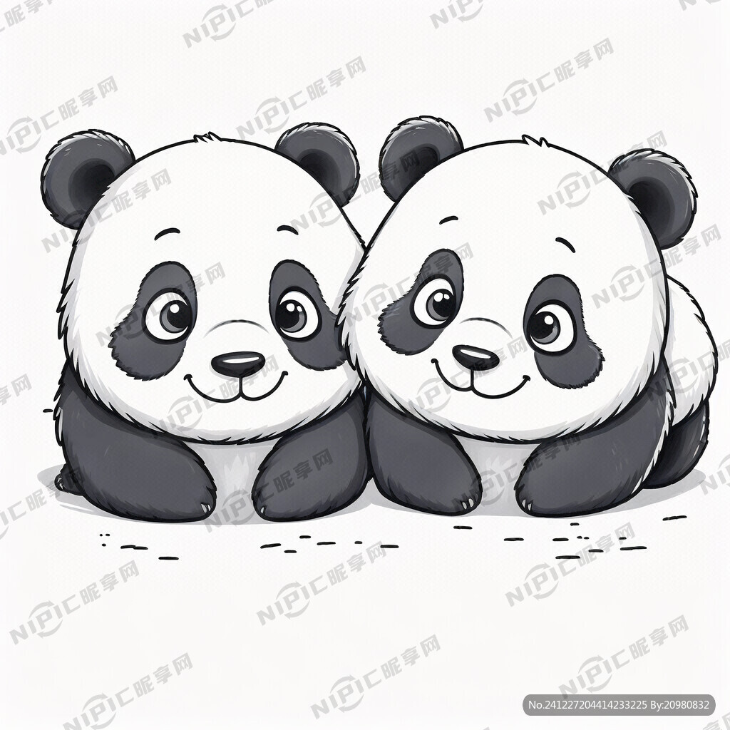 两只卡通熊猫线稿