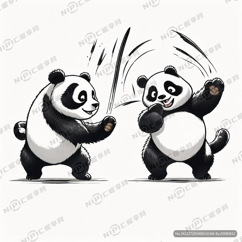 两只卡通功夫熊猫线稿