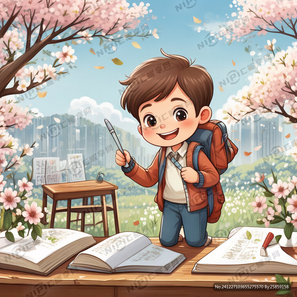 卡通 春天 小学生 学习语文