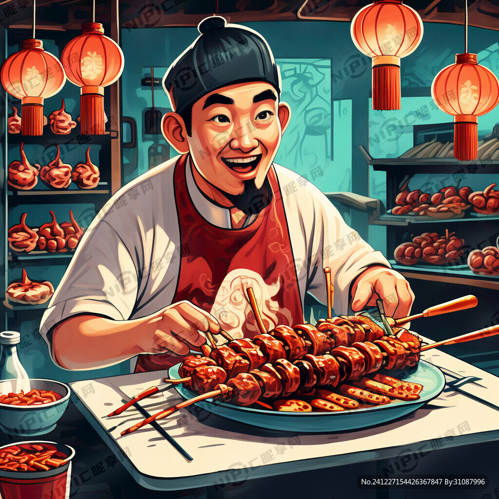男人烤串插画 年轻