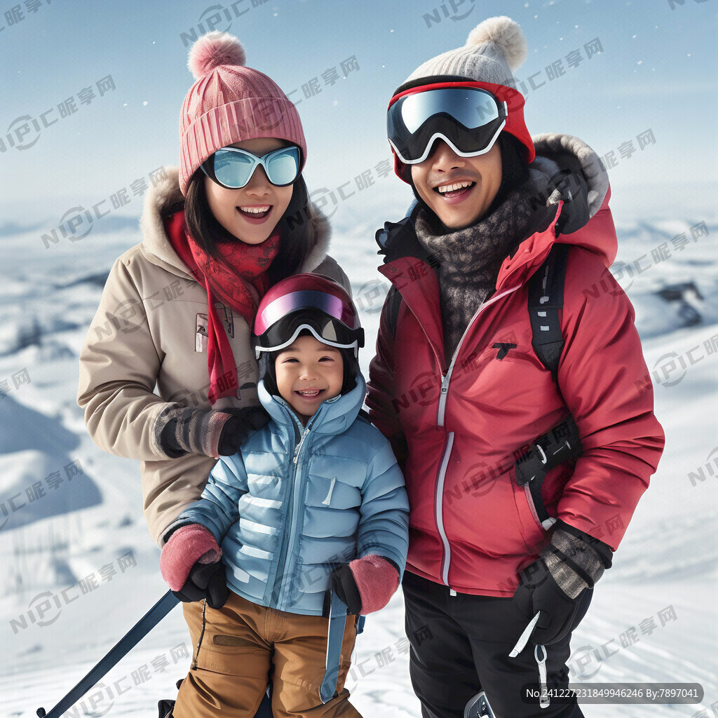 亚洲人 亲子 滑雪 开心