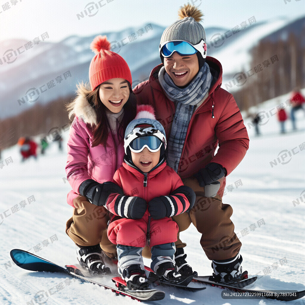 全身亚洲人 亲子 在滑雪运动中
