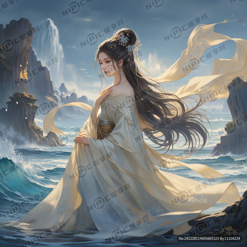 蓝色的大海 古风少女 长发飘飘