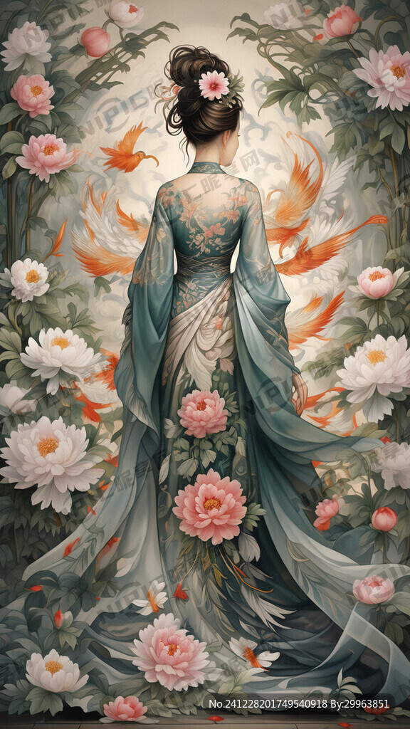凤凰牡丹图 中国风衣服前身绣花