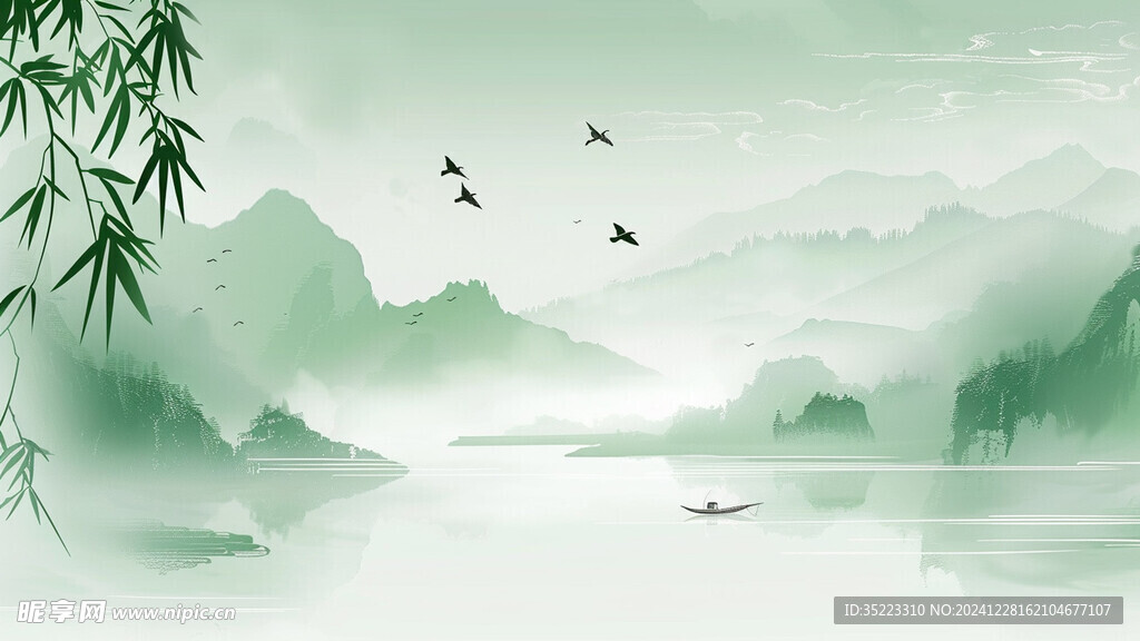 中国风春绿色古风山水背景