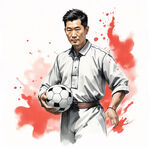 中国男领导，手上抱着足球，全身形象，插画风格