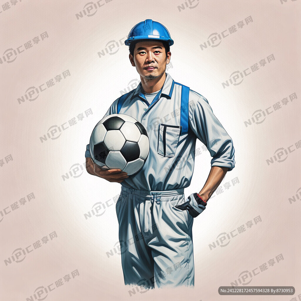 男电工 手上抱着足球 全身形象