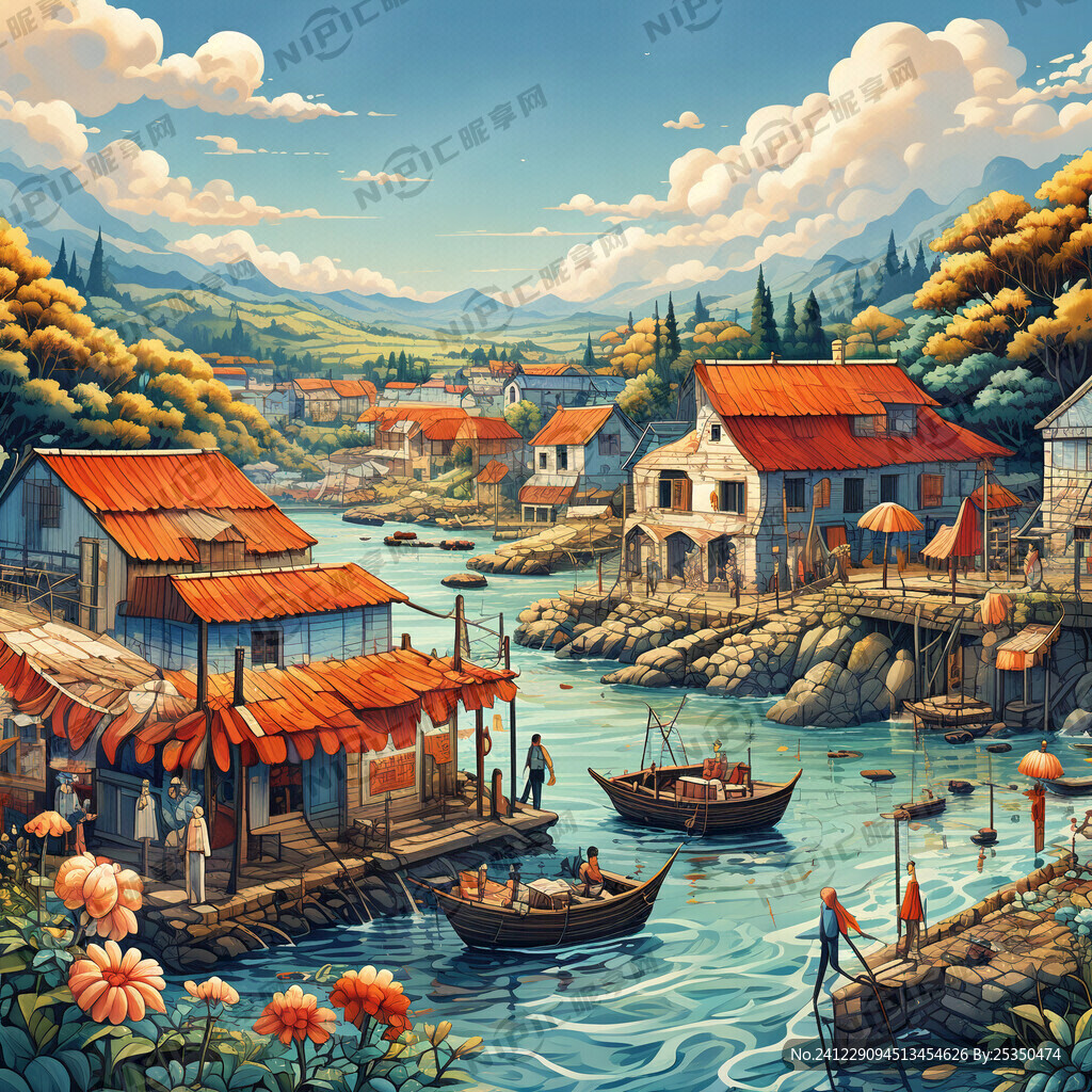 小渔村插画