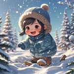可爱的卡通小女孩冬天在雪地里玩耍的图片