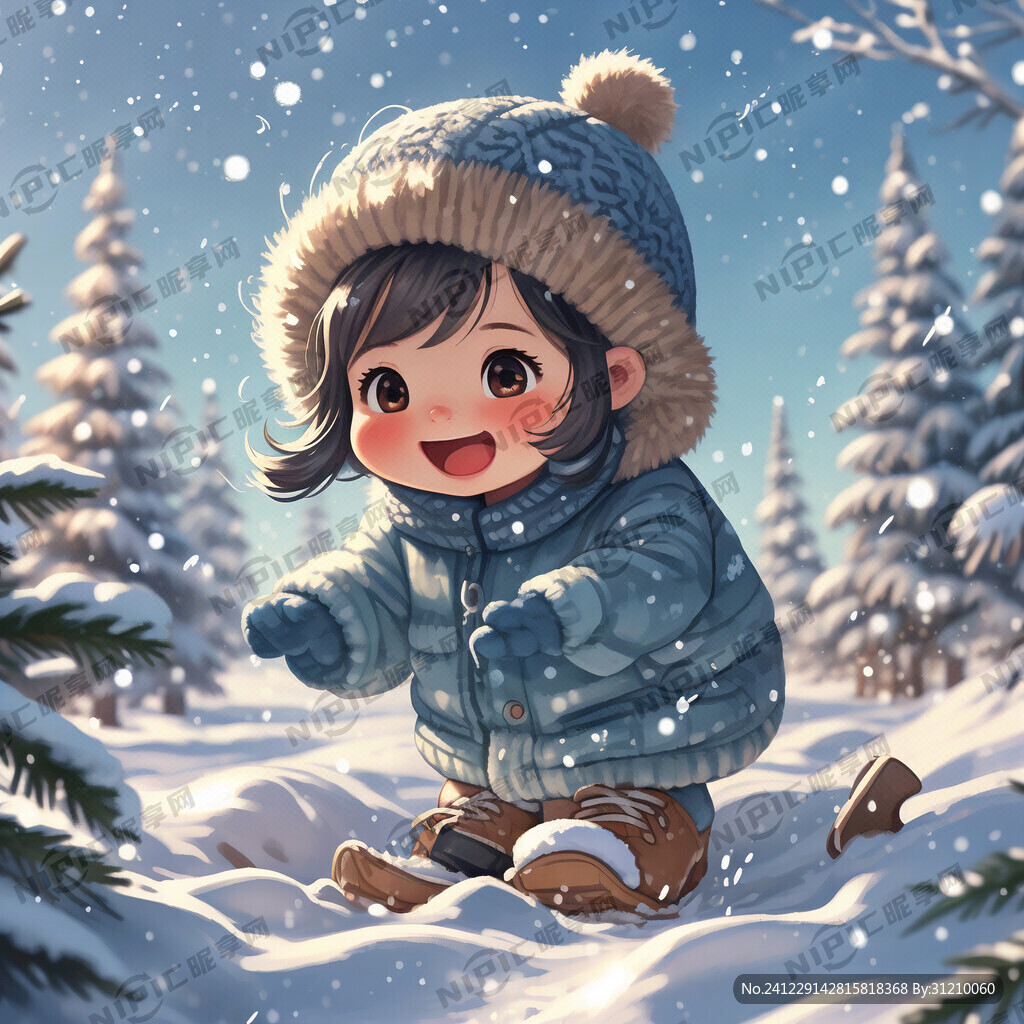 可爱的卡通小女孩冬天在雪地里玩