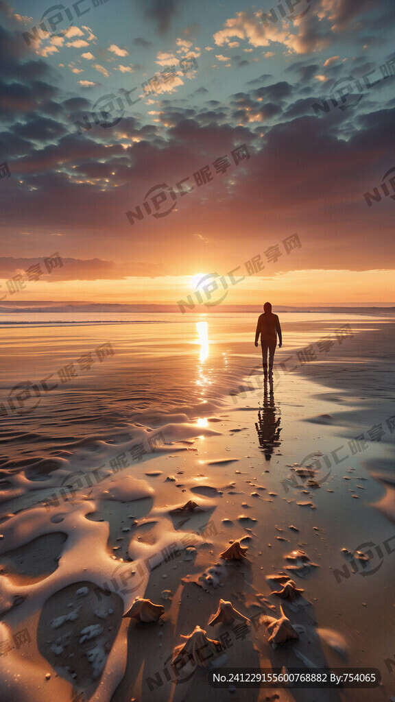 沙滩上遥远处有两个人在漫步
