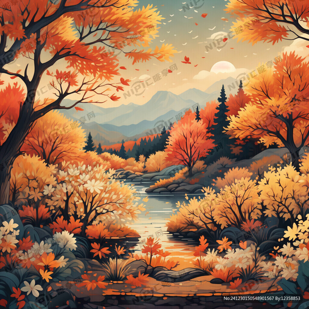 秋季景色 插画 桂花飘香 暖阳
