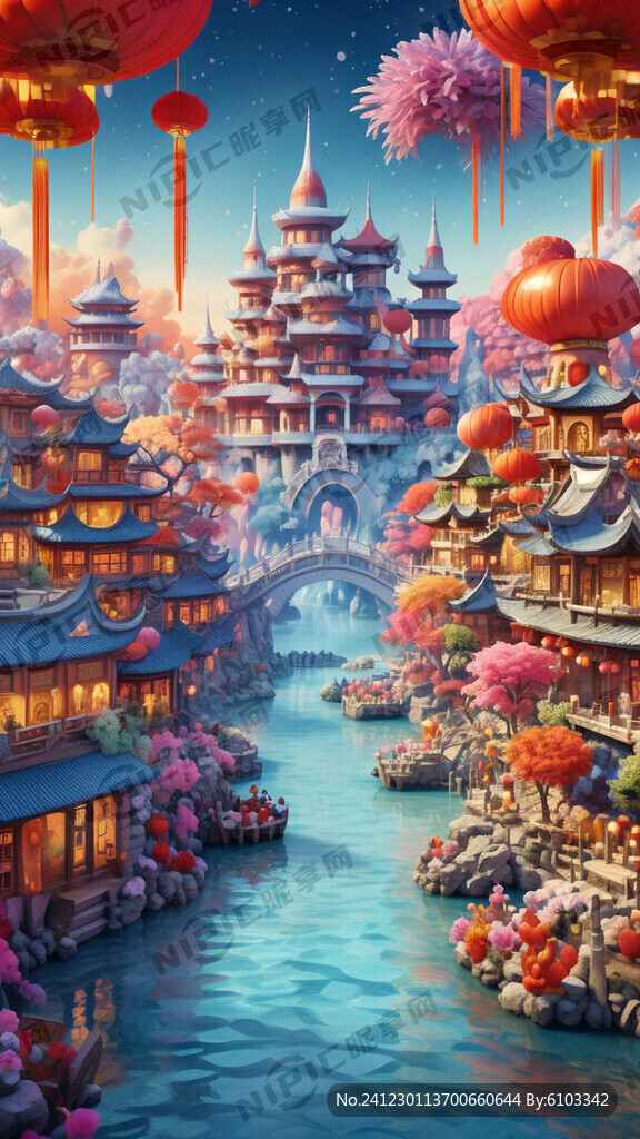 色彩艳丽的童话小镇在欢庆新年