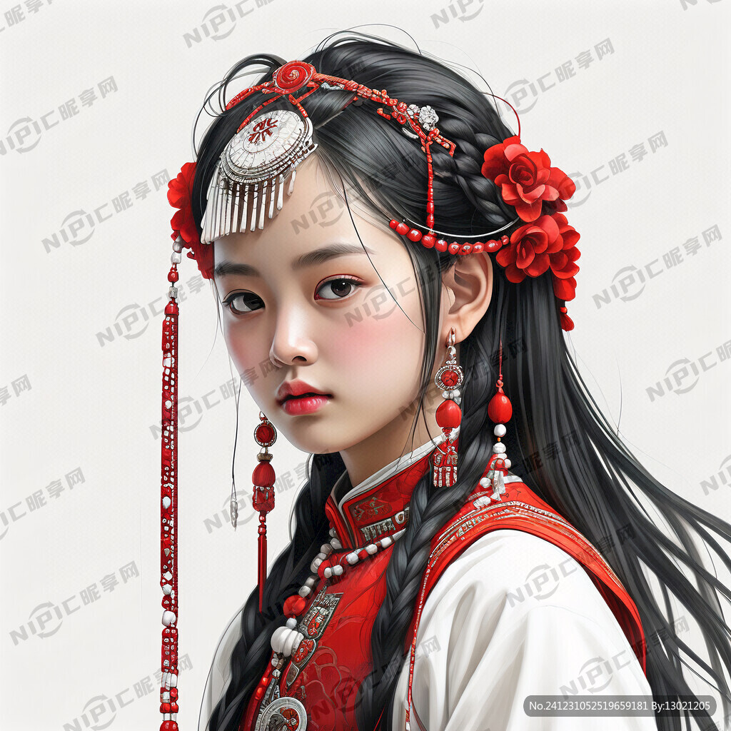 蒙古族少女 正面 精致的发饰