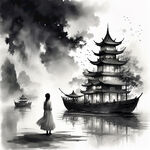 夜晚湖中画舫，女子站在飞檐上望月