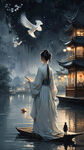 夜晚湖中画舫，女子站在飞檐上望月