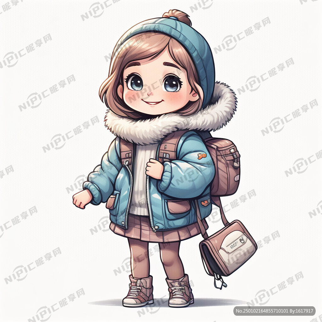 卡通小女孩穿羽绒服背书包