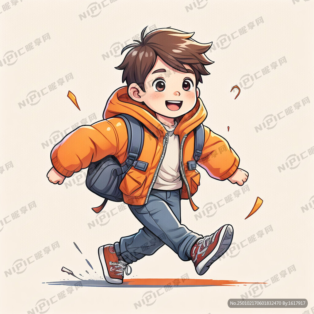 卡通穿橙色羽绒服背书包奔跑男孩