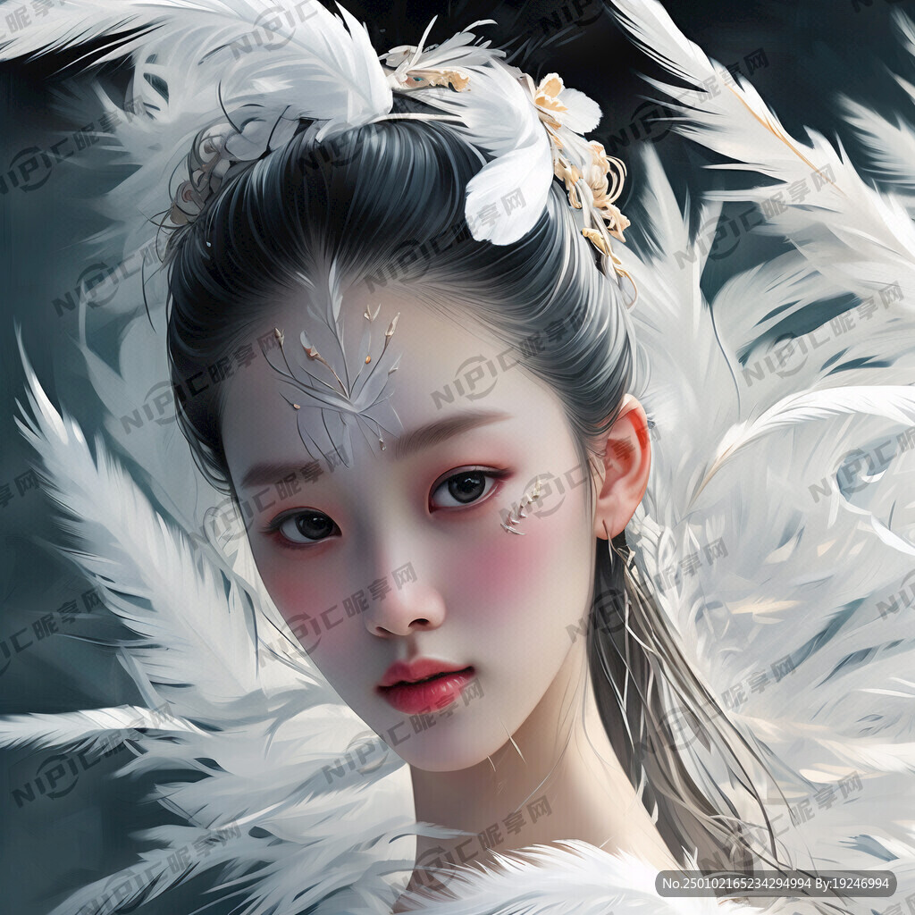 唯美插画芭蕾女孩面部清晰白色羽