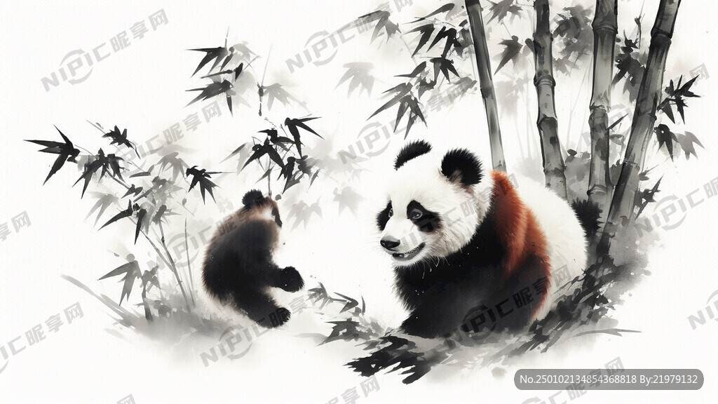 工笔熊猫国画 有竹子