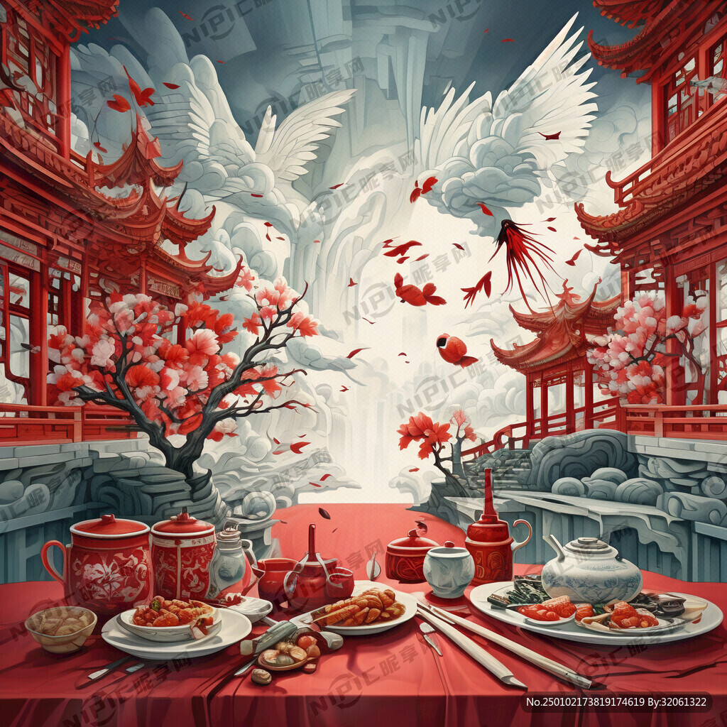 国风 宴席 古建筑 红色
