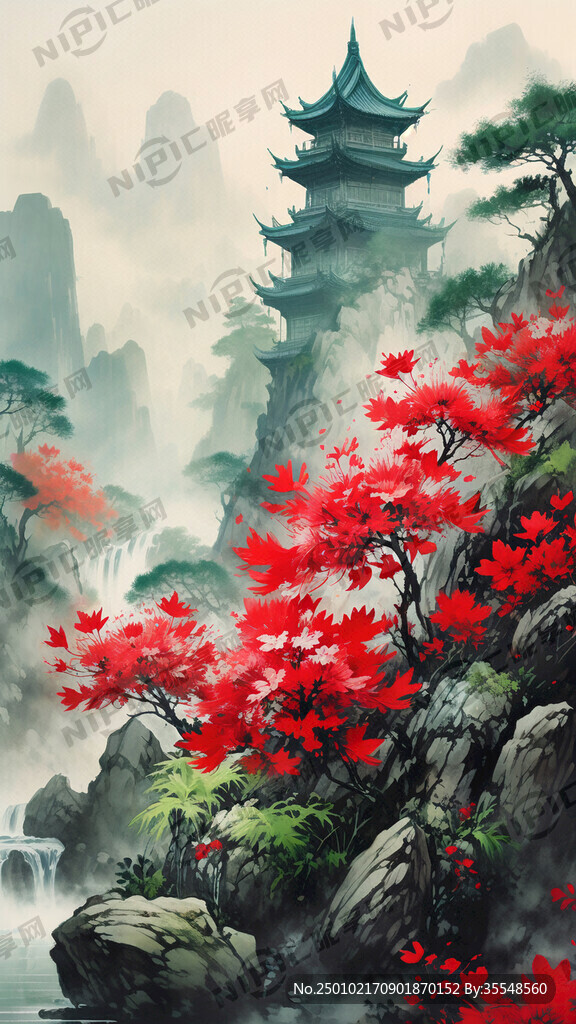 绿色石头山上红花 中国风 山水
