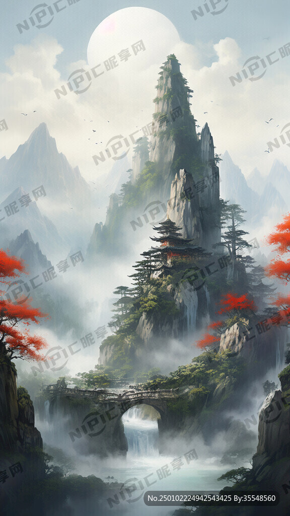 石头山 迎客松 绿树 白云