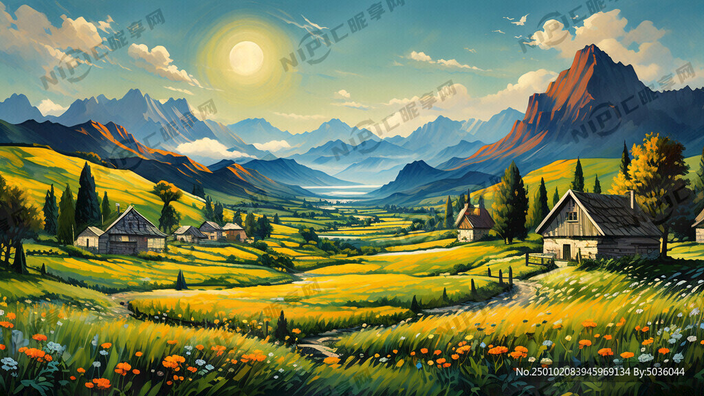 绿色、草地、房屋、山画、梵高、