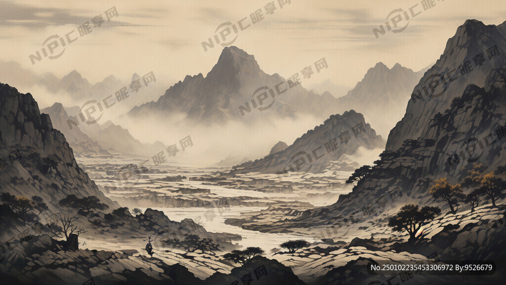 版画风格 陕北群山 层层叠叠